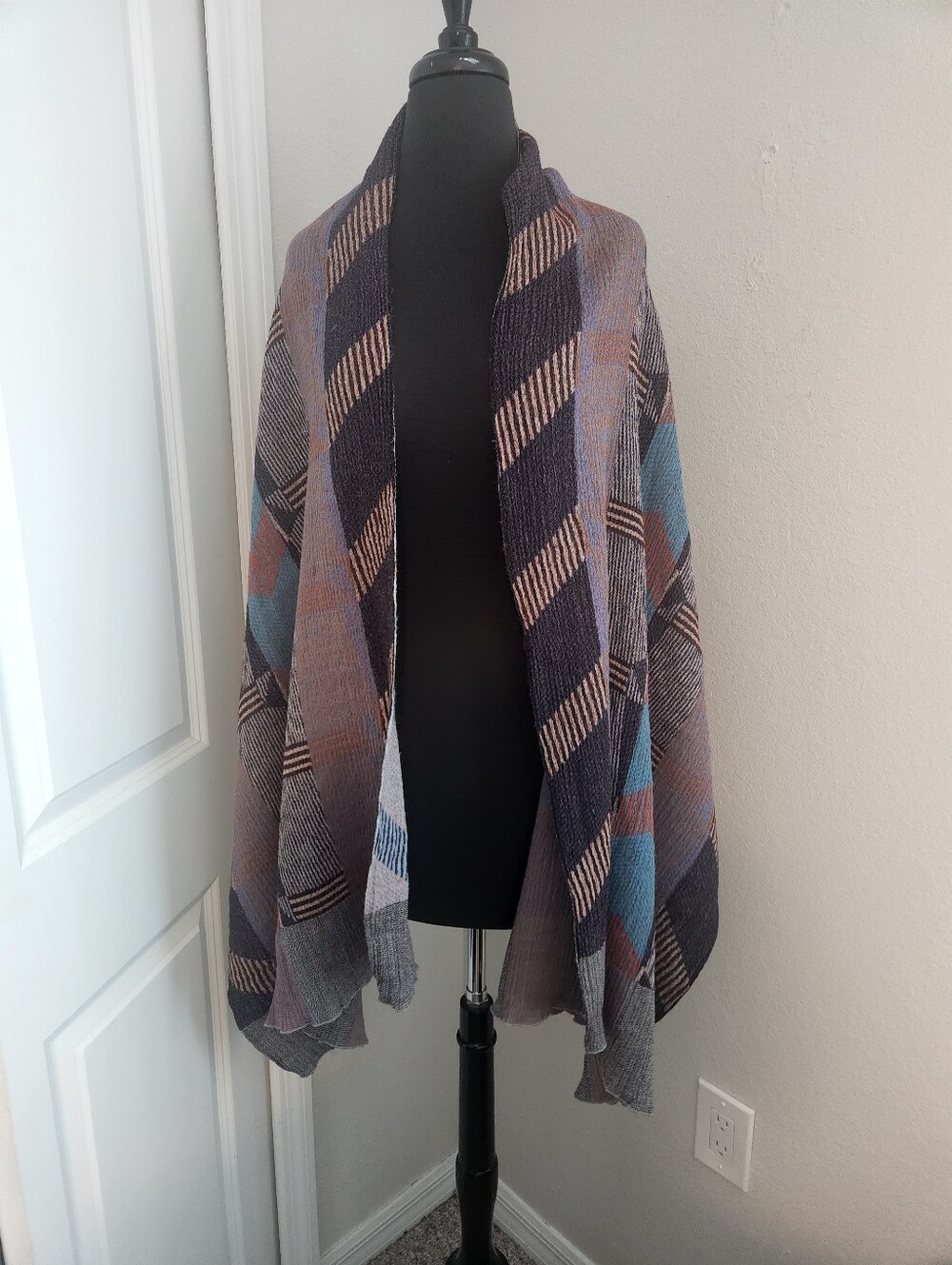 By Nuno Plaid Open-Front Women's Wrap in Blue, Gray & Brown